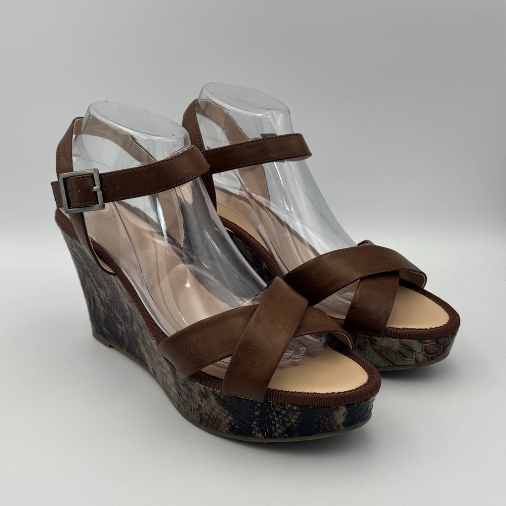 Y2K Mootsies Tootsies MolaLitak Brown Snake Print Wedge Strappy Sandals Size‎ 10